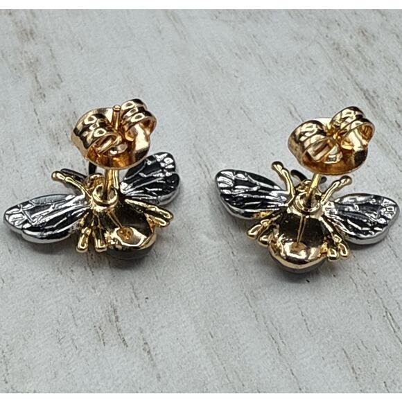 Honey Bee Earrings Enamel Striped Gold Tone Silver Tone Insect Stud - Picture 3 of 6